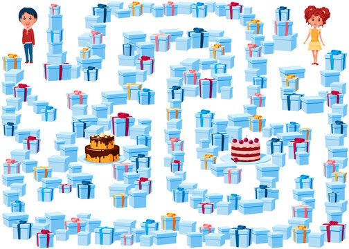 Help the boy and girl find their cakes in the maze of holiday gifts. Who gets which cake? Children's game picture with a labyrinth on a white background.