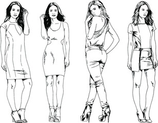 vector drawings on the theme of beautiful slim sporty girl in casual clothes in various poses painted ink hand sketch with no background