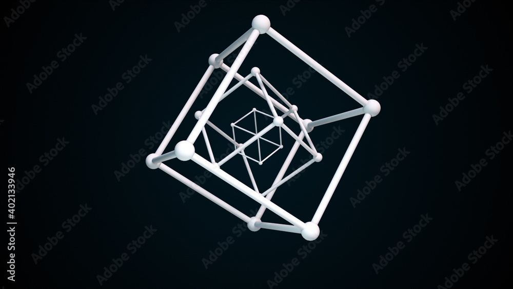 Poster cubic constructions from the crystal lattice with atoms in the nodes. 3d rendering of atom surface m