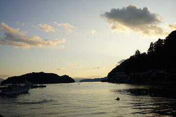 Aerial View of Ine bay and Funaya, boat houses, with beautiful sunset from Observation deck in Autumn, Ine city, Kyoto, Japan - 舟屋群展望所から見た伊根湾の夕日