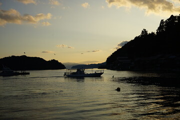 Aerial View of Ine bay and Funaya, boat houses, with beautiful sunset from Observation deck in Autumn, Ine city, Kyoto, Japan - 舟屋群展望所から見た伊根湾の夕日