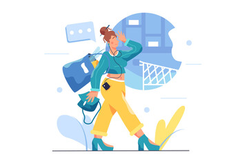 Girl walking from the store with a bag full of groceries, the girl carries a bag in her hand, wearing headphones, isolated on white background, flat vector illustration