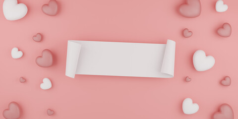 Valentine's Day concept, white and pink hearts balloons with banner on pink background. 3D rendering.