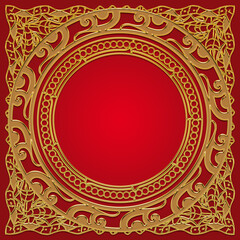 Luxury gold frame on a red background, the circle in the square