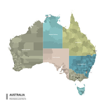 Australia higt detailed map with subdivisions. Administrative map of Australia with districts and cities name, colored by states and administrative districts. Vector illustration.