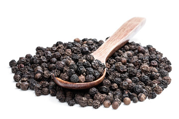 Black pepper corn in wooden spoon isolated on white