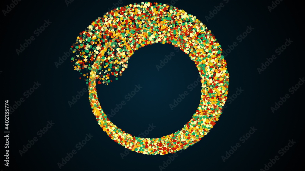 Poster merging three radial stripes of colored particles into a spiral. magical festive effect with bokeh a