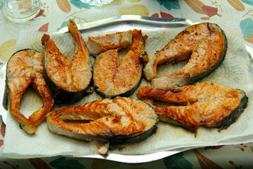 Grilled salmon steaks.