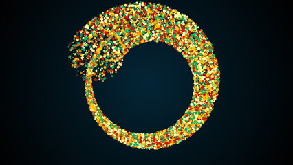 Merging three radial stripes of colored particles into a spiral. Magical festive effect with bokeh and sparkle. Computer generated 3d render.