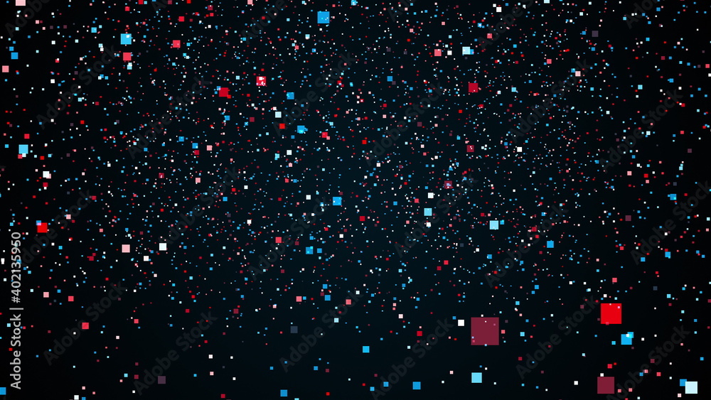 Poster space with flying colorful rectangles particles. computer generated 3d rendering abstract backdrop