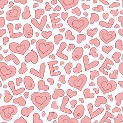 Decorative seamless texture with pink hearts and love lettering on a white background. Vector illustration in doodle style. Valentine's Day symbol for packaging, fabric, wedding cards.