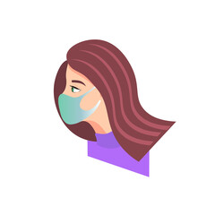 Brown-haired young woman wearing medical mask. Vector illustration.