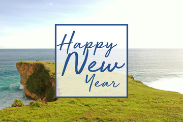 Blue word Happy New Year lettering with landscape view background. Greeting card design template