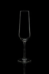 Elegant champagne flute on black background.