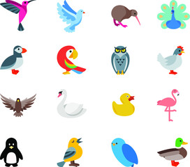 Fototapeta premium Birds icons of kingfisher dove pigeon kiwi peacock woodpecker parrot owl hen rooster cock eagle swan duck flamingo penguin sparrow with feather wings flying 