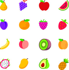 fruits icons set pear peach grapes apple watermelon plum orange strawberry raspberry banana kiwi dragon fruit mango avocado pineapple