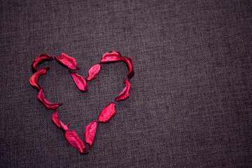 Символ сердца  из сухих  лепестков красной  розы на сером текстильном  фоне.