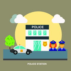 Police station flat concept icons with lady and male police and car in front of station on a road with clouds and trees
