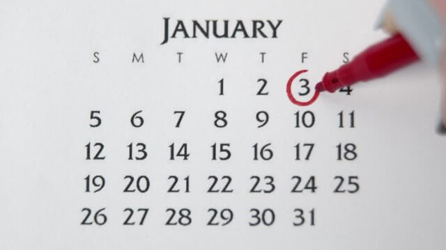 Female hand circle day in calendar date with a red marker. Business Basics Wall Calendar Planner and Organizer. JANUARY 3th