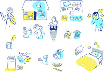 感染症予防対策　自宅療養イメージ　セット