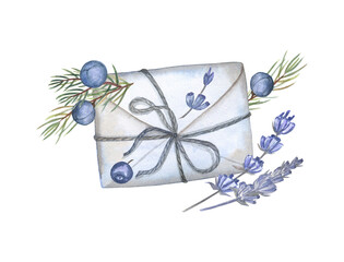 Watercolor hand-drawn composition of the letter, juniper and lavender on white isolated background. Perfect valentine card for Saint Valentine's Day.
