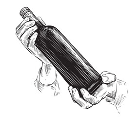 Bottle of wine in hand. Alcoholic drink sketch vintage vector illustration - obrazy, fototapety, plakaty