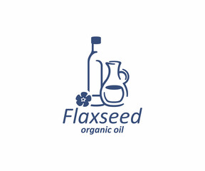 Essential oil of linseed in the glass bottle and jug logo design. Flax seed oil and flax flower vector design. Flaxseed logotype