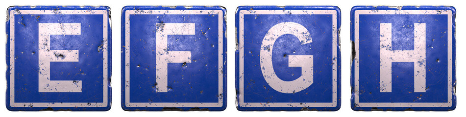 Set of public road sign in blue color with a capital white letters E, F, G, H in the center isolated of white background. 3d