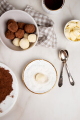 Homemade Indian round vegetarian sweets. Coconut and cocoa balls in a white bowl with coconut shavings