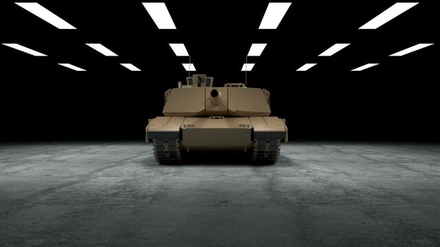 4K Animation of Lamps Turn On and Illuminated Heavy Military Tank on Concrete Floor in Warehouse 