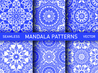 Set of mandala blue vase ceramic ornamental patterns. Collection of Asian seamless vector oriental backgrounds. Porcelain patterns for fabric, textile, cover, wrapping etc.