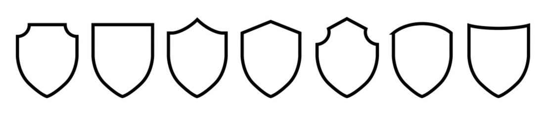 Black line shield icon set in vintage style. Protect shield security icons. Badge quality symbol, sign, logo, emblem. Vector illustration. - obrazy, fototapety, plakaty
