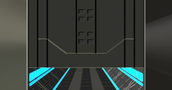 Endless corridor. Futuristic space gate design. 3D video, 4k animation. Spaceship from the inside in space. Universe of the future. Opening the gateway. Can be used for advertising.