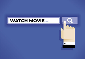 Internet watch movie search. Businessman hand icon. Concepts: Google search, Youtube, online films and TV shows, web video streaming, Hollywood cinema and film industry, TV channels broadcasting etc.