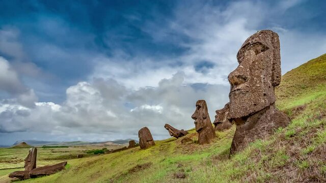 Time-lapse of Moai statues at Rano Raraku Volcano at Easter Island, Rapa Nui National Park, Chile.