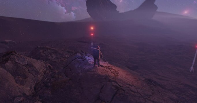 An alien planet, misty desert with rocks and the sky with galaxy Milky Way and meteors on background, a spaceman standing on rock watching beacons and waiting for the resque spaceship module