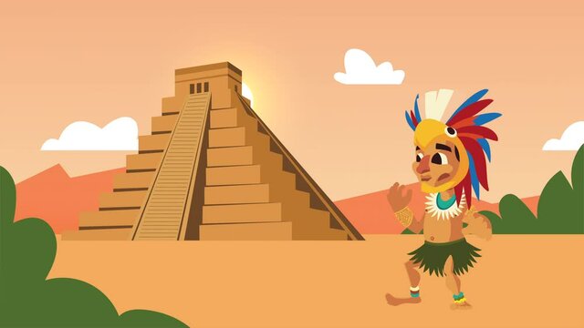 aztec pyramid with native character scene animation