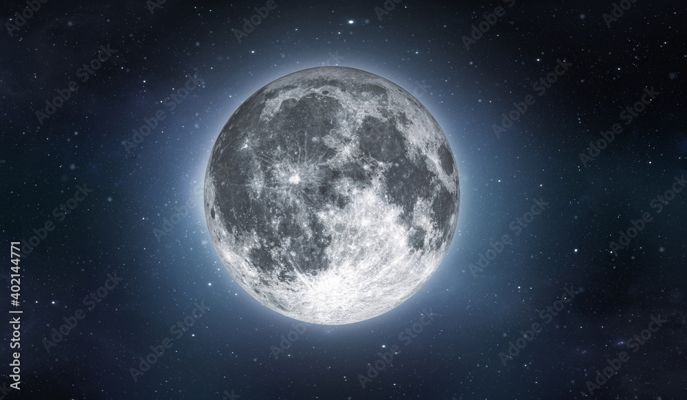Poster full moon on sky with stars. image in high resolution. bright lunar satelite.