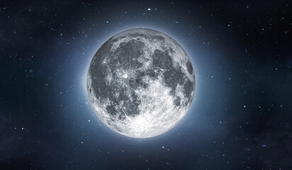 Full moon on sky with stars. Image in high resolution. Bright lunar satelite. 