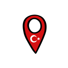 Map pointer Turkey doodle logo icon sign National flag crescent star travel agency symbol emblem Hand drawn sketch Modern game design Cartoon style Fashion print clothes apparel greeting card poster