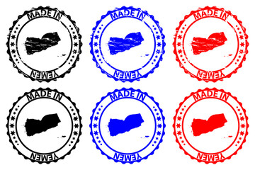 Made in Yemen - rubber stamp - vector, Republic of Yemen map pattern - black, blue and red
