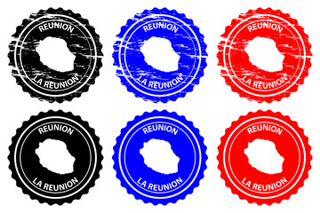 Reunion - rubber stamp - vector,  La Reunion island map pattern - sticker - black, blue and red