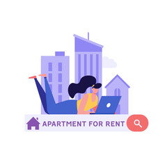 House for Rent. Woman Renting Apartment with Online Service. User Looking for Apartment for Rent Online. Concept of Rent Real Estate, Home for Rent. Vector illustration for Web Design, Landing Page