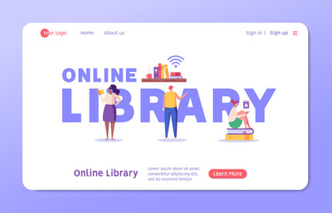 Fototapeta na wymiar Online Library. People Reading Book with Digital Library Service. Users Studying with Archive of Book. Concept of Electronic Library, Online Book Store, Ebook. Vector illustration for Web Design
