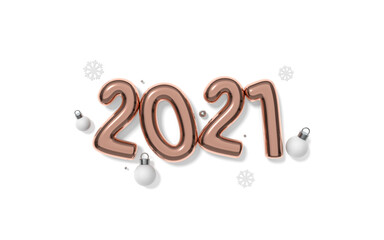2021 Rose gold metallic happy new year and christmas ball ornaments decoration object group on white background 3d rendering. 3d illustration Pink Golden colored number Festive poster or banner design