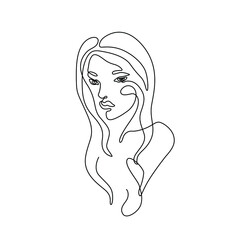 Beautiful girls silhouette, print for clothes, t-shirt, emblem or logo design, continuous line drawing, small tattoo, isolated vector illustration.