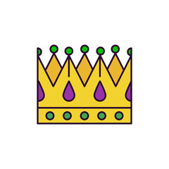 Web icon of paper king crown with gems in traditional purple-green-yellow palette. Symbol of of theater, masquerade party, Mardi Gras or Fat Tuesday - vector pictogram