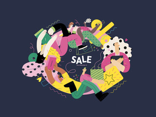 Discounts, sale, promotion vignette - modern flat vector concept illustration of people crowd running in the pursuit of the discounts, with a big percent sign on the background