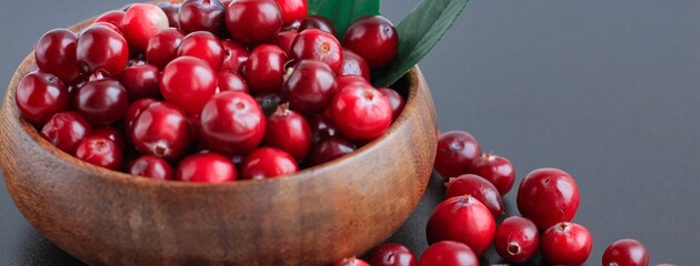 Cranberries in wooden bowl on black background. Nature, autumn, crop, food, berry banner.	