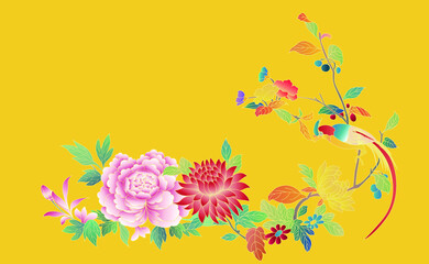 Vector illustration of Chinese style flowers, birds and flowers